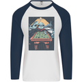 Pool Shark Snooker Player Mens L/S Baseball T-Shirt White/Navy Blue