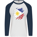Torn Philippines Flag Philipino Day Football Mens L/S Baseball T-Shirt White/Navy Blue