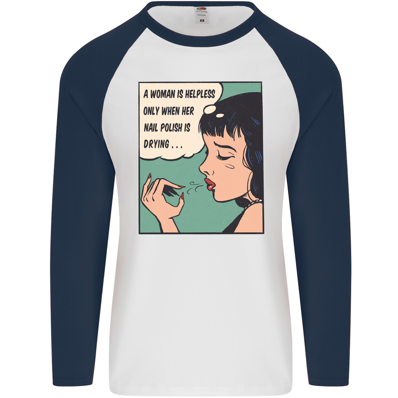 Woman Is Only Helpless Female Empowerment Mens L/S Baseball T-Shirt White/Navy Blue