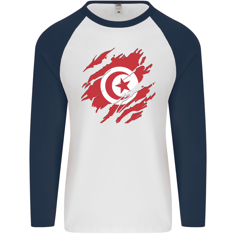 Torn Tunisia Flag Tunisian Day Football Mens L/S Baseball T-Shirt White/Navy Blue