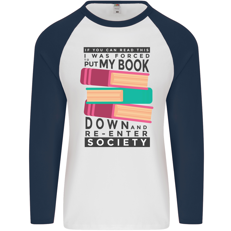 Book Reading Re-Enter Society Funny Mens L/S Baseball T-Shirt White/Navy Blue