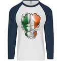 Gym Irish Tricolour Flag Muscles Ireland Mens L/S Baseball T-Shirt White/Navy Blue