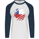Torn Chile Flag Chilean Day Football Mens L/S Baseball T-Shirt White/Navy Blue