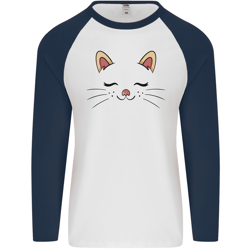 Cute Cat Face Mens L/S Baseball T-Shirt White/Navy Blue