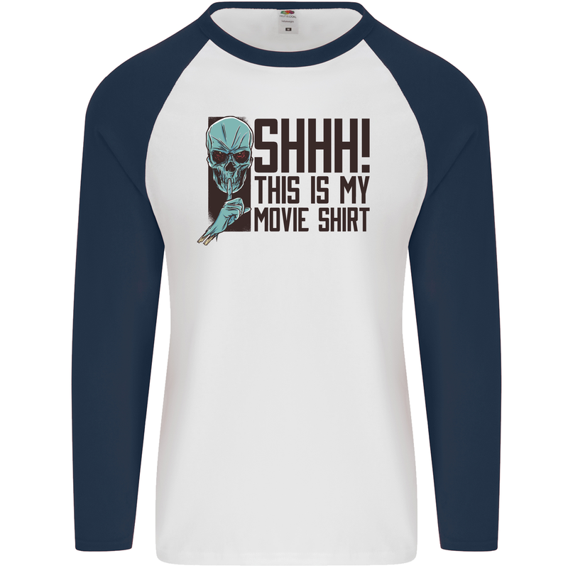 SHHH This Is My Movie T-Shirt Skull Horror Mens L/S Baseball T-Shirt White/Navy Blue