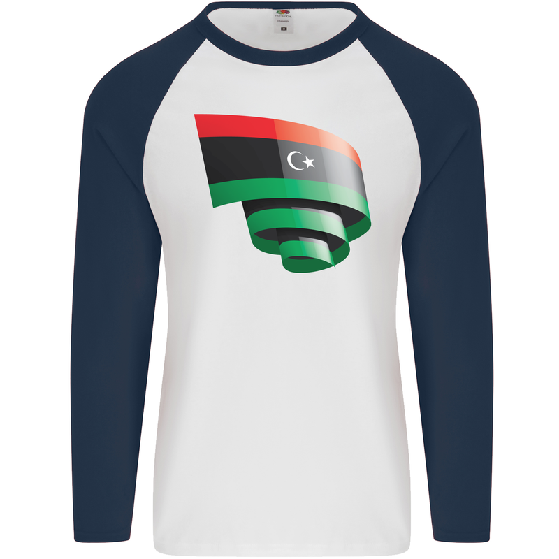 Curled Libya Flag Libyan Day Football Mens L/S Baseball T-Shirt White/Navy Blue