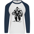 Muscle Man Gym Training Top Bodybuilding Mens L/S Baseball T-Shirt White/Navy Blue
