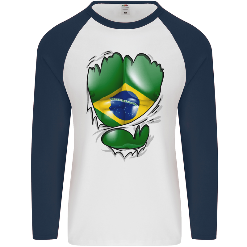 Gym Brazilian Flag Ripped Muscles Brazil Mens L/S Baseball T-Shirt White/Navy Blue