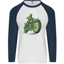 Biker Green Cafe Racer Motorbike Motorcycle Mens L/S Baseball T-Shirt White/Navy Blue