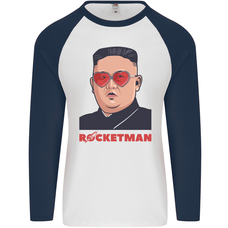 Rocket Man Kim Jong-un Missile Test Funny Mens L/S Baseball T-Shirt White/Navy Blue