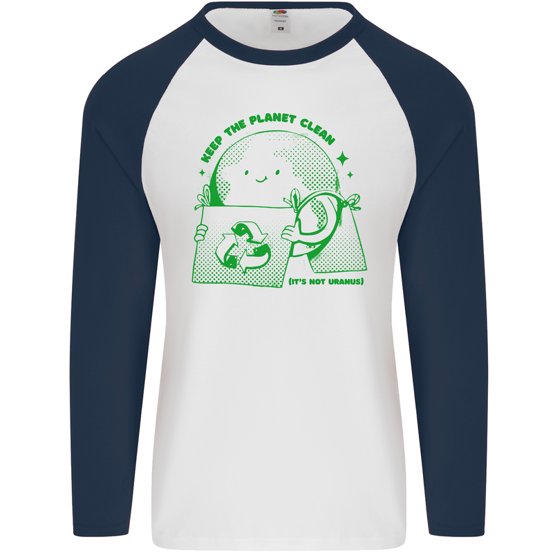 Climate Change Keep the Planet Clean Mens L/S Baseball T-Shirt White/Navy Blue