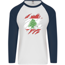 Torn Lebanon Flag Lebanese Day Football Mens L/S Baseball T-Shirt White/Navy Blue