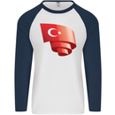 Curled Turkey Flag Turkish Day Football Mens L/S Baseball T-Shirt White/Navy Blue