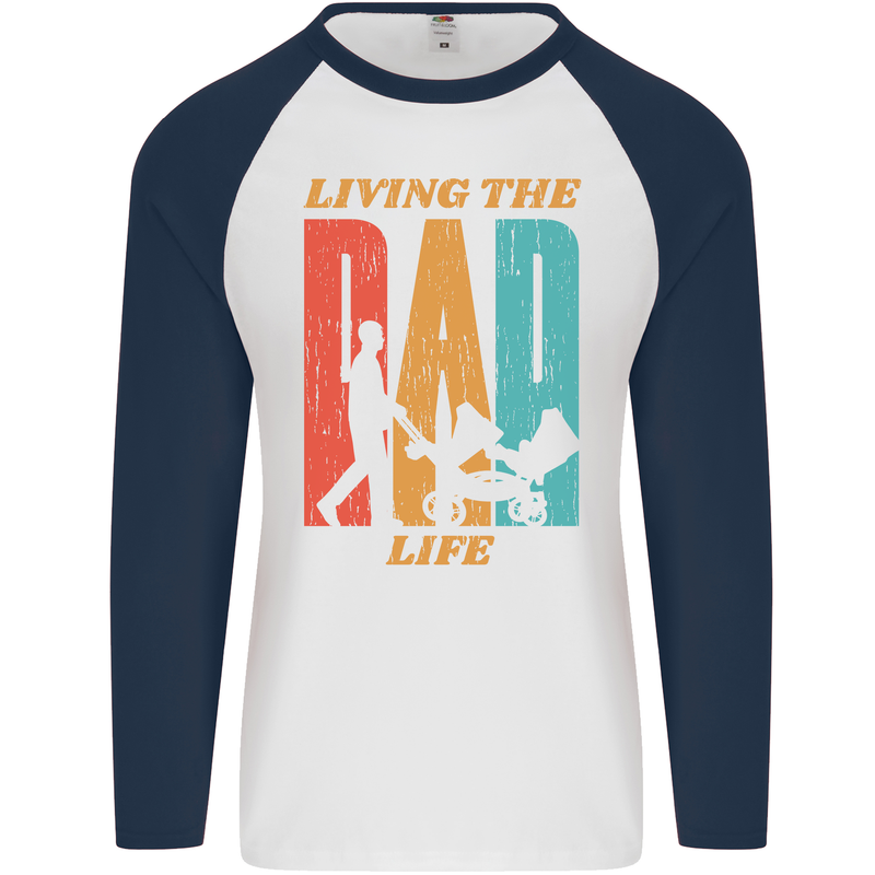 Fathers Day Living the Dad Life Twins Funny Mens L/S Baseball T-Shirt White/Navy Blue