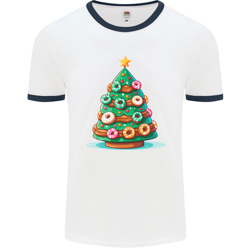 Donut Christmas Tree Funny Xmas Food Mens Ringer T-Shirt White/Navy Blue