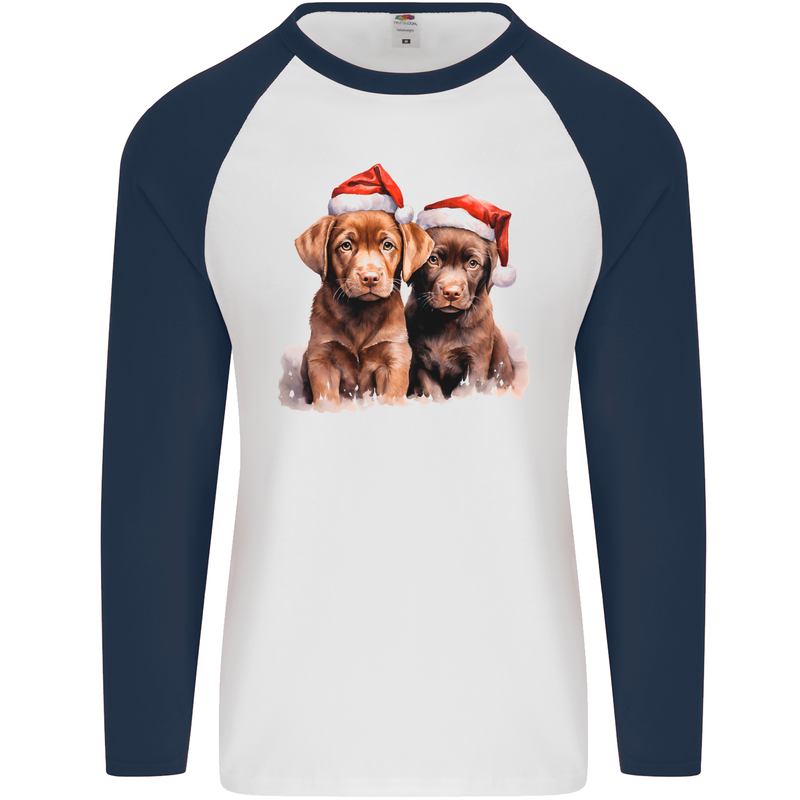 Chocolate Labrador Christmas Puppies Xmas Mens L/S Baseball T-Shirt White/Navy Blue