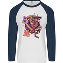 Japanese Fantasy Dragon Mens L/S Baseball T-Shirt White/Navy Blue