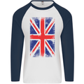 Union Jack British Flag Great Britain Mens L/S Baseball T-Shirt White/Navy Blue