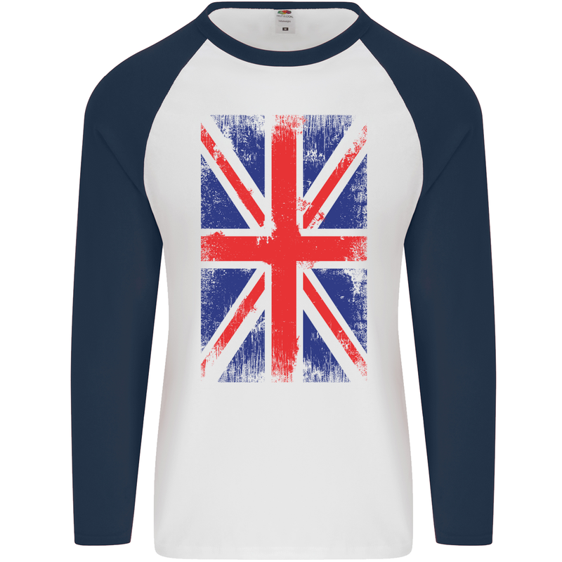 Union Jack British Flag Great Britain Mens L/S Baseball T-Shirt White/Navy Blue