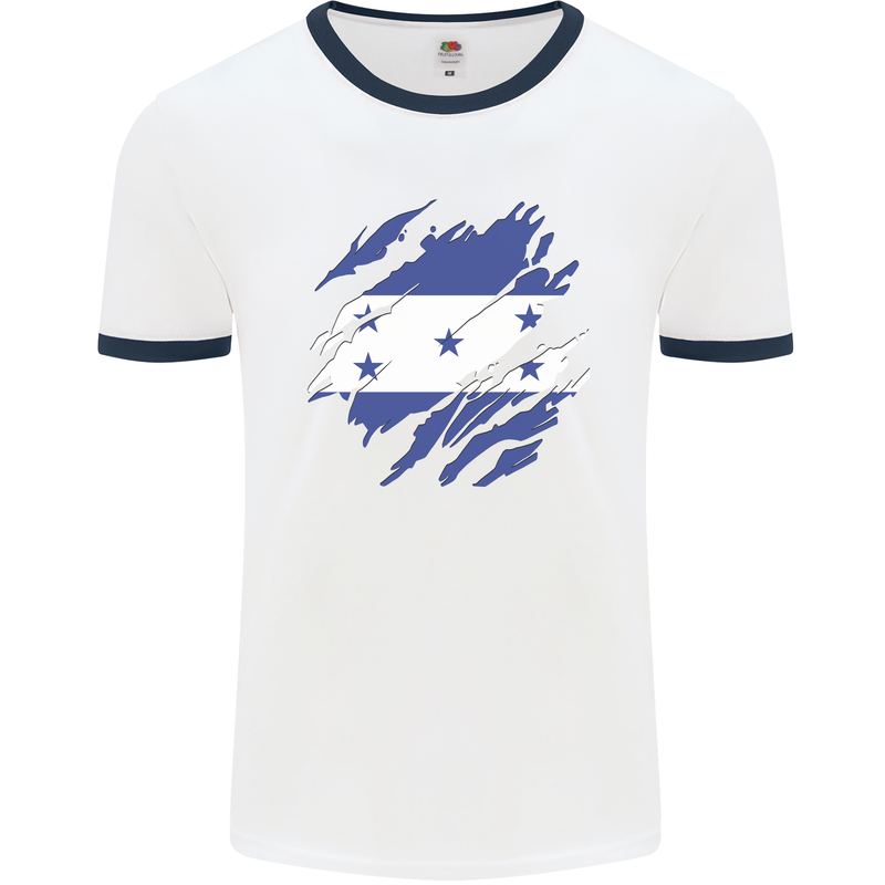 Torn Honduras Flag Honduran Day Football Mens Ringer T-Shirt White/Navy Blue