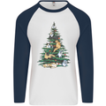 Cat Christmas Tree Mens L/S Baseball T-Shirt White/Navy Blue