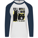 Full Moon Feral Instinct Black Cat Halloween Mens L/S Baseball T-Shirt White/Navy Blue