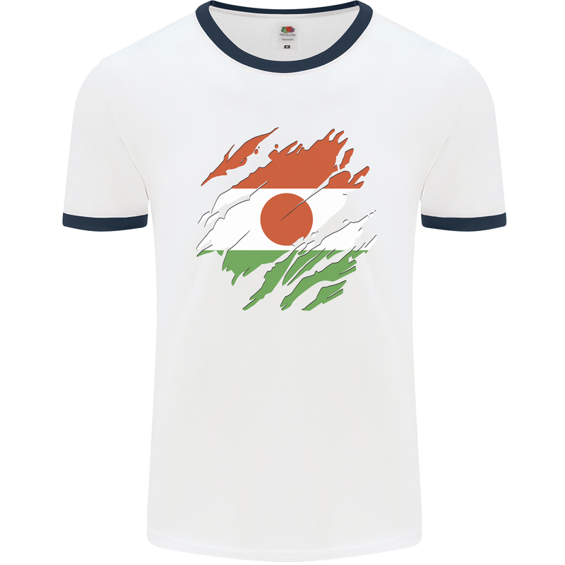 Torn Niger Flag Nigerien Day Football Mens Ringer T-Shirt White/Navy Blue