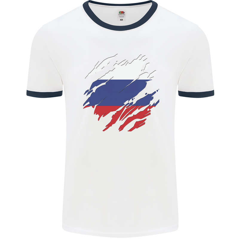 Torn Russia Flag Russian Day Football Mens Ringer T-Shirt White/Navy Blue