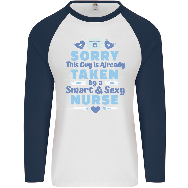 Taken By a Smart Nurse Funny Valentines Day Mens L/S Baseball T-Shirt White/Navy Blue