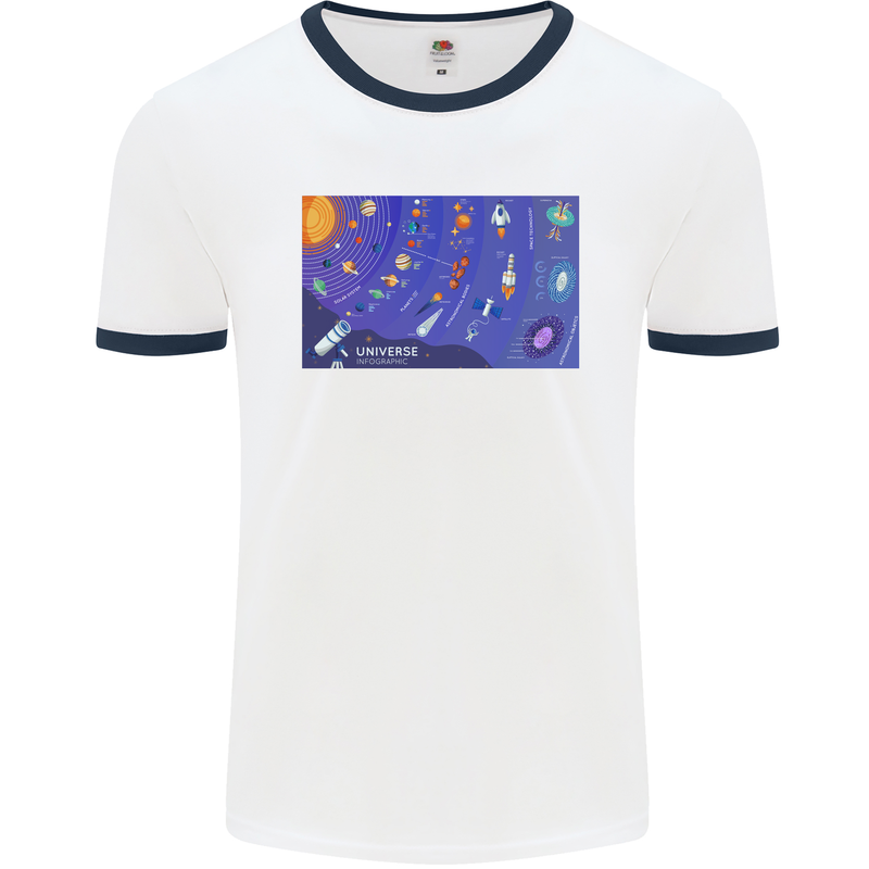 Galaxy Infographic Space Technology Planets Mens Ringer T-Shirt White/Navy Blue
