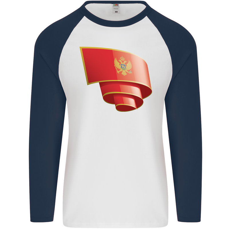 Curled Montenegro Flag Montenegrin Day Football Mens L/S Baseball T-Shirt White/Navy Blue