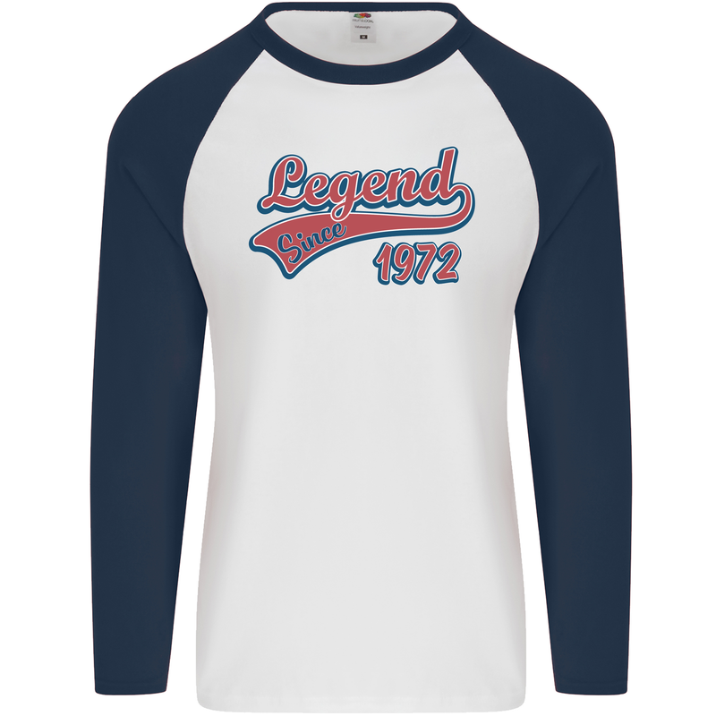 Legend Since 51st Birthday 1972 Mens L/S Baseball T-Shirt White/Navy Blue