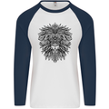 Mandala Lion Mens L/S Baseball T-Shirt White/Navy Blue