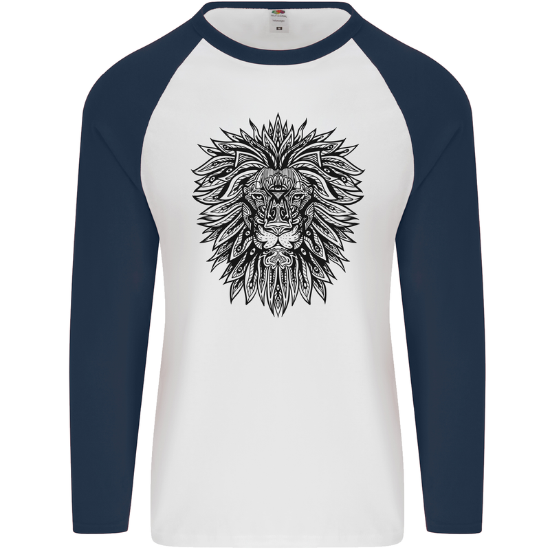 Mandala Lion Mens L/S Baseball T-Shirt White/Navy Blue
