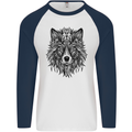 Mandala Tribal Wolf Tattoo Mens L/S Baseball T-Shirt White/Navy Blue