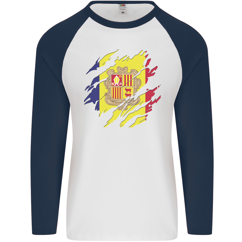 Torn Andorra Flag Andorran Day Football Mens L/S Baseball T-Shirt White/Navy Blue