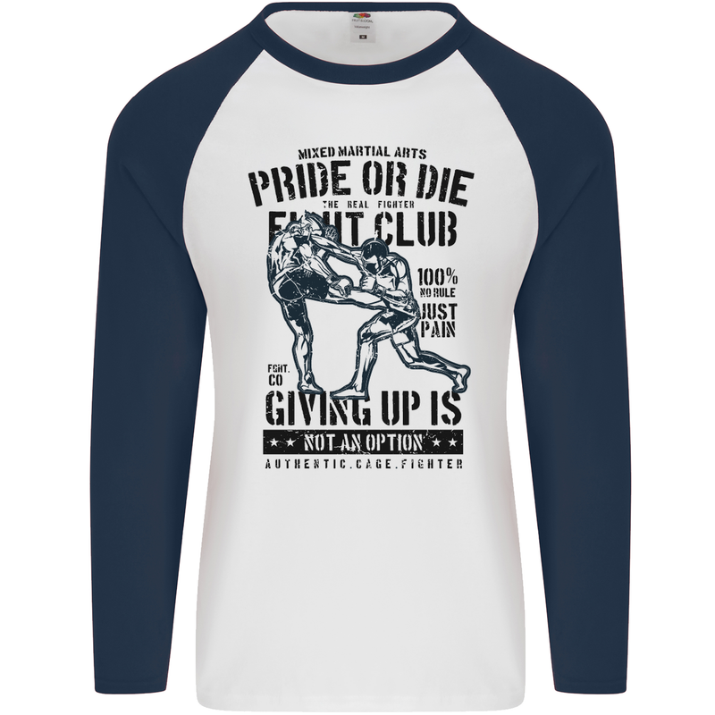 Pride MMA Muay Thai Mixed Martial Arts Mens L/S Baseball T-Shirt White/Navy Blue