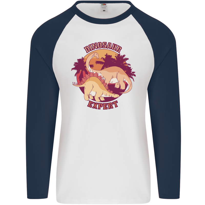 Dinosaur Expert Mens L/S Baseball T-Shirt White/Navy Blue