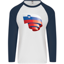 Curled Slovenia Flag Slovenian Day Football Mens L/S Baseball T-Shirt White/Navy Blue