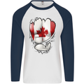 Gym Canadian Maple Leaf Flag Muscles Canada Mens L/S Baseball T-Shirt White/Navy Blue