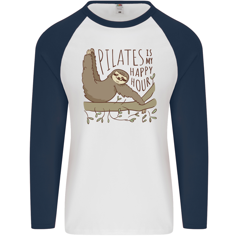 Pilates My Happy Hour Funny Yoga Sloth Mens L/S Baseball T-Shirt White/Navy Blue