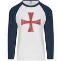 Knights Templar Cross Fancy Dress Outfit Mens L/S Baseball T-Shirt White/Navy Blue