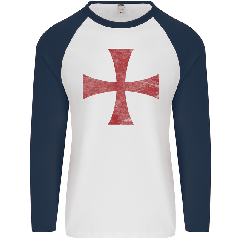 Knights Templar Cross Fancy Dress Outfit Mens L/S Baseball T-Shirt White/Navy Blue