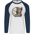 Butterfly Clock Mens L/S Baseball T-Shirt White/Navy Blue