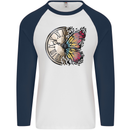 Butterfly Clock Mens L/S Baseball T-Shirt White/Navy Blue