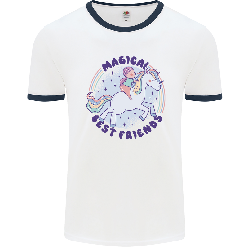 Magical Friends a Girl Riding a Unicorn Mens Ringer T-Shirt White/Navy Blue