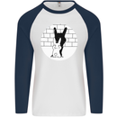 Funny Rock n Roll Salute Rabbit Silhouette Mens L/S Baseball T-Shirt White/Navy Blue