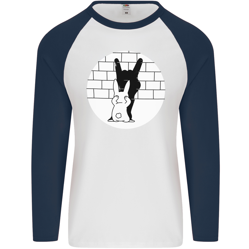 Funny Rock n Roll Salute Rabbit Silhouette Mens L/S Baseball T-Shirt White/Navy Blue