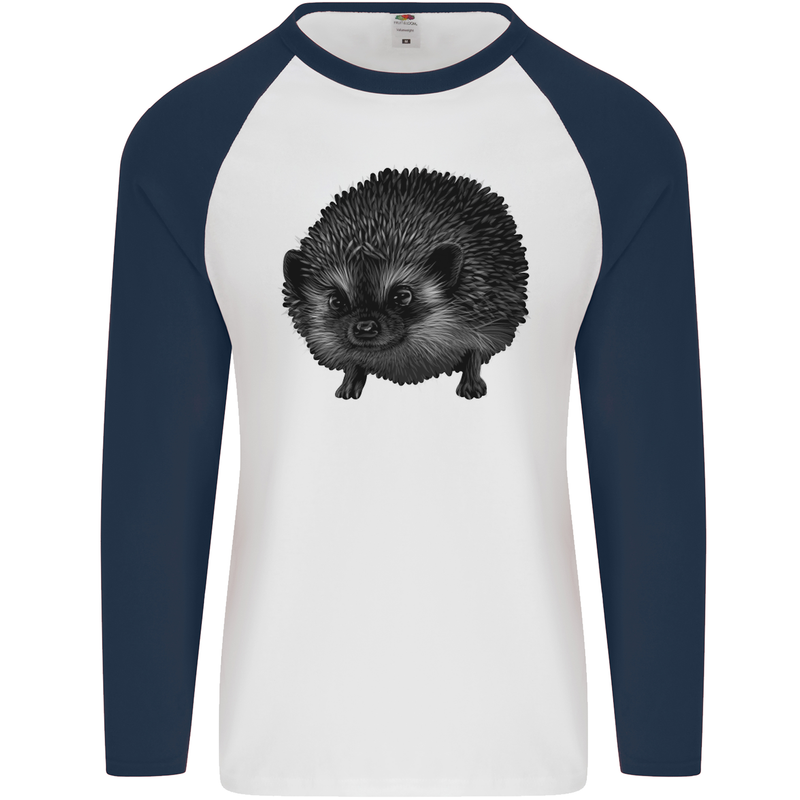 A Hedgehog Drawing Mens L/S Baseball T-Shirt White/Navy Blue