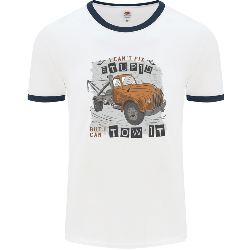 I Can Tow It Funny Towing Truck Operator Mens Ringer T-Shirt White/Navy Blue